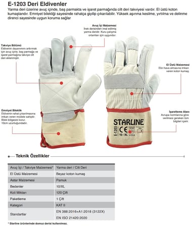 5 Çift Deri Eldiven  Starline E-1203 3123X No:10 Xl