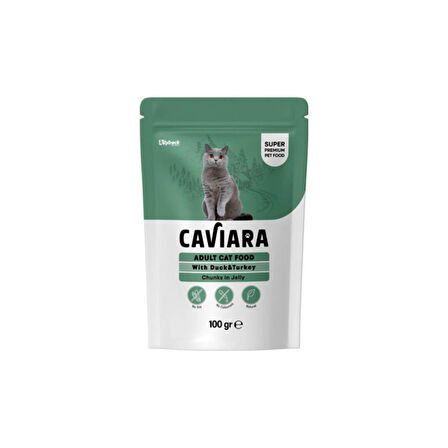 Caviara Pouch Jöle Içinde Et Parçacıklı Ördek ve Hindi Etli Yetişkin Kedi Pouch Islak Mama 100 gr X4