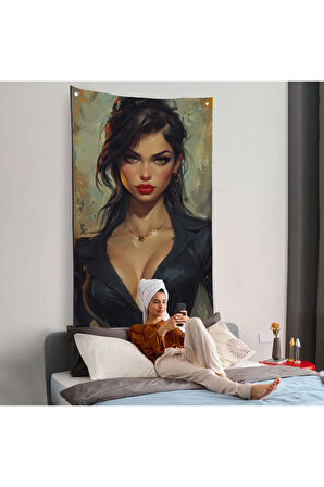 Yağlıboya Görünümlü Esmer Güzel Kadın Duvar Örtüsü-7741