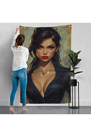 Yağlıboya Görünümlü Esmer Güzel Kadın Duvar Örtüsü-7741