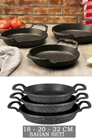 3'lü Granit Döküm Sahan Seti - 18-20-22 cm Yapışmaz Tava Seti
