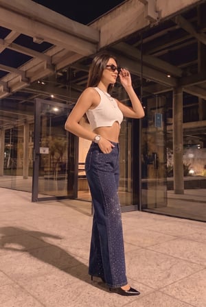 Kadın Yeni Sezon Koyu Mavi Önü Dizleri Full Taşlı Likralı Yüksek Bel Wide Leg Geniş Paça Jean Kot Pantolon