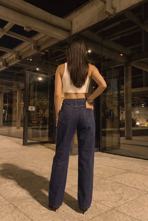 Kadın Yeni Sezon Koyu Mavi Önü Dizleri Full Taşlı Likralı Yüksek Bel Wide Leg Geniş Paça Jean Kot Pantolon