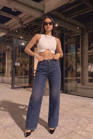 Kadın Yeni Sezon Koyu Mavi Önü Dizleri Full Taşlı Likralı Yüksek Bel Wide Leg Geniş Paça Jean Kot Pantolon