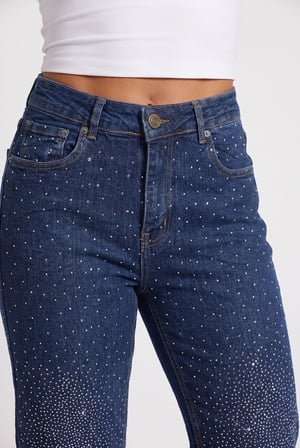 Kadın Yeni Sezon Koyu Mavi Önü Dizleri Full Taşlı Likralı Yüksek Bel Wide Leg Geniş Paça Jean Kot Pantolon