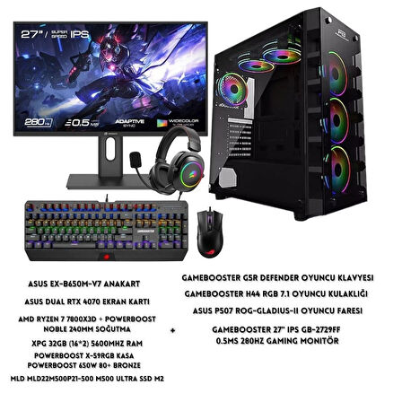 LYSERG PB X-59RGB Kasa Ryzen 7 7800X3D 32 GB Ram 500 GB SSD Asus Dual RTX 4070 W11 + Full Set
