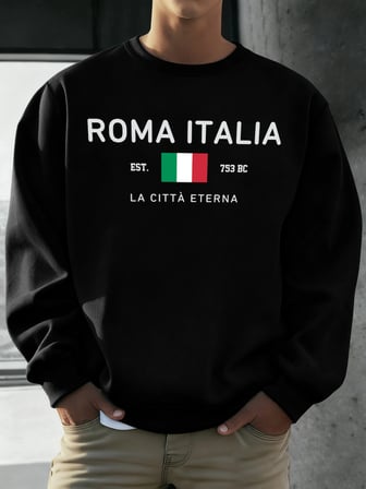 Roma Italia Est.753 Baskılı Kazak Erkekler Bisiklet Yaka Polar Giyim Gevşek Sonbahar Kazaklar