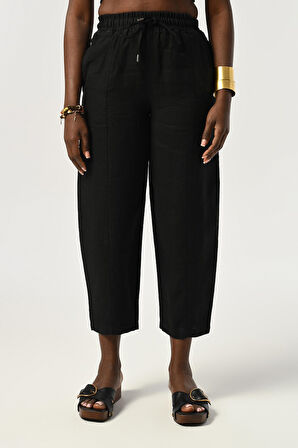 KADIN BELİ LASTİKLİ RAHAT KALIP %100 KETEN DÜZ RENK PANTOLON