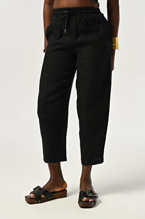 KADIN BELİ LASTİKLİ RAHAT KALIP %100 KETEN DÜZ RENK PANTOLON