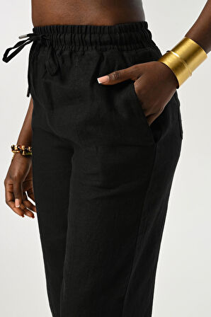 KADIN BELİ LASTİKLİ RAHAT KALIP %100 KETEN DÜZ RENK PANTOLON