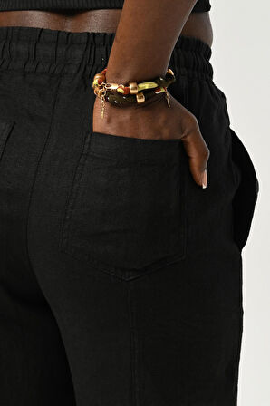 KADIN BELİ LASTİKLİ RAHAT KALIP %100 KETEN DÜZ RENK PANTOLON