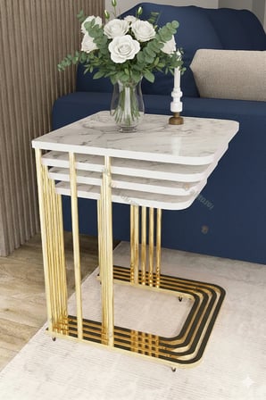 Orkide Tekerlekli 4 Lü Zigon Sehpa Gold- Beyaz Mermer Mdf
