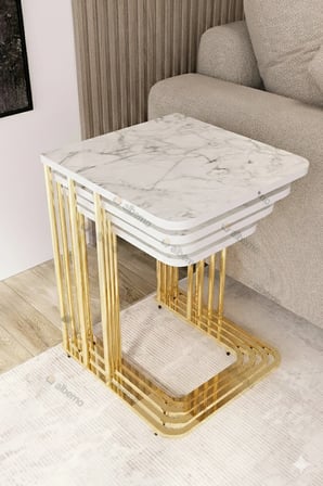 Orkide Tekerlekli 4 Lü Zigon Sehpa Gold- Beyaz Mermer Mdf