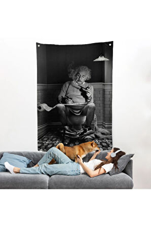 Albert Einstein - Tuvalette Pipo İçen Albert Duvar Örtüsü-7746