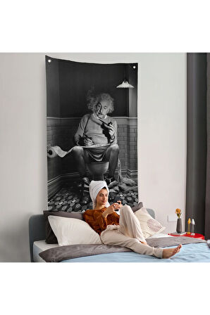 Albert Einstein - Tuvalette Pipo İçen Albert Duvar Örtüsü-7746
