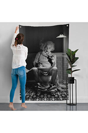 Albert Einstein - Tuvalette Pipo İçen Albert Duvar Örtüsü-7746