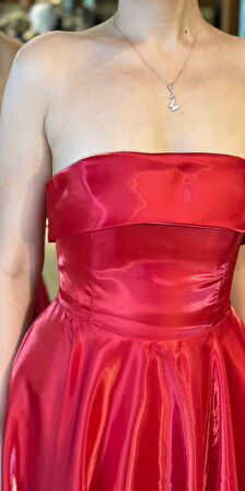 Kırmızı Straplez Yaka Kloş Etekli Organze Uzun Abiye Elbise 7747