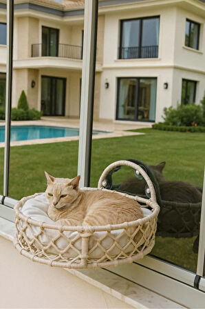 Reyo Tasaryum Kedi ve Köpek El Örgüsü Vantuzlu Cam Yatağı Kedi Hamağı Puf Minderli Krem