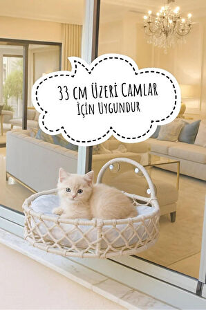 Reyo Tasaryum Kedi ve Köpek El Örgüsü Vantuzlu Cam Yatağı Kedi Hamağı Puf Minderli Krem