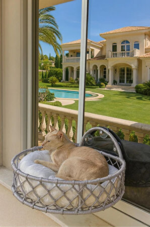 Reyo Tasaryum Kedi ve Köpek El Örgüsü Vantuzlu Cam Yatağı, Kedi Hamağı Gri