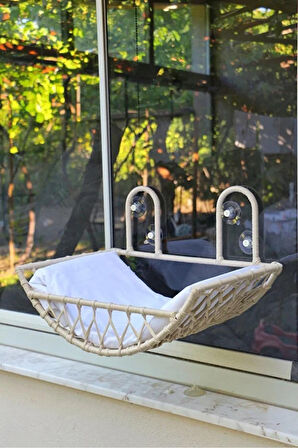 Reyo Tasaryum Kedi ve Köpek El Örgüsü Vantuzlu Cam Yatağı, Kedi Hamağı Krem