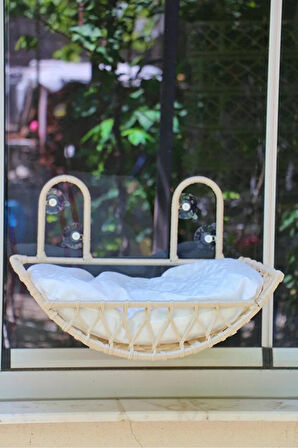 Reyo Tasaryum Kedi ve Köpek El Örgüsü Vantuzlu Cam Yatağı, Kedi Hamağı Krem