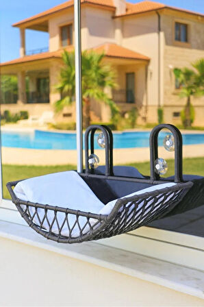 Reyo Tasaryum Kedi ve Köpek El Örgüsü Vantuzlu Cam Yatağı Kedi Hamağı Puf Minderli Antrasit