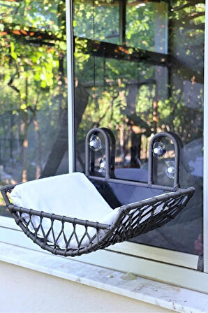 Reyo Tasaryum Kedi ve Köpek El Örgüsü Vantuzlu Cam Yatağı Kedi Hamağı Puf Minderli Antrasit