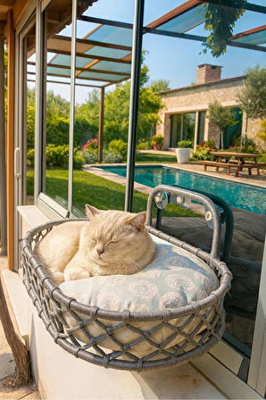 Reyo Tasaryum Kedi ve Köpek El Örgüsü Vantuzlu Cam Yatağı Hamak Gri