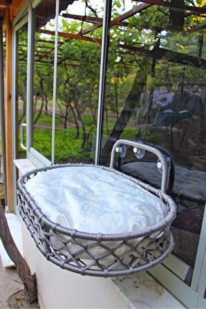 Reyo Tasaryum Kedi ve Köpek El Örgüsü Vantuzlu Cam Yatağı Hamak Gri