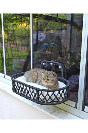 Reyo Tasaryum Kedi ve Köpek El Örgüsü Vantuzlu Cam Yatağı Kedi Hamağı Puf Minderli Antrasit