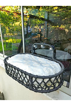 Reyo Tasaryum Kedi ve Köpek El Örgüsü Vantuzlu Cam Yatağı Kedi Hamağı Puf Minderli Antrasit