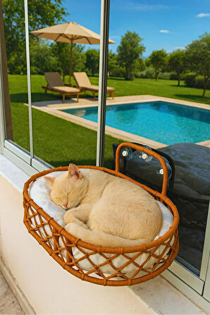 Reyo Tasaryum Kedi ve Köpek El Örgüsü Vantuzlu Cam Yatağı Kedi Hamağı Puf Minderli Kahve