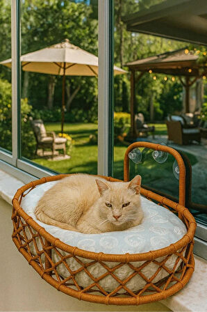 Reyo Tasaryum Kedi ve Köpek El Örgüsü Vantuzlu Cam Yatağı Kedi Hamağı Puf Minderli Kahve