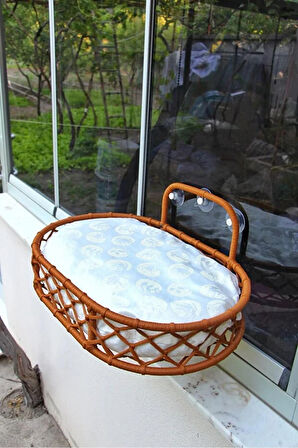 Reyo Tasaryum Kedi ve Köpek El Örgüsü Vantuzlu Cam Yatağı Kedi Hamağı Puf Minderli Kahve