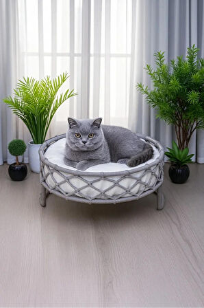 Reyo Tasaryum Kedi ve Köpek El Örgüsü Yatağı, Kedi Yuvası Kedi Evi Gri