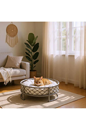 Reyo Tasaryum Kedi ve Köpek El Örgüsü Yatağı, Kedi Yuvası Kedi Evi Gri
