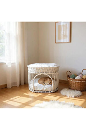 Reyo Tasaryum Çift Katlı Kedi Yatağı Kedi Ranzası, İskandinav Kedi Evi Krem