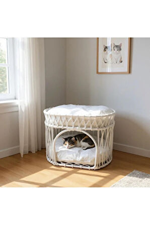 Reyo Tasaryum Çift Katlı Kedi Yatağı Kedi Ranzası, İskandinav Kedi Evi Krem