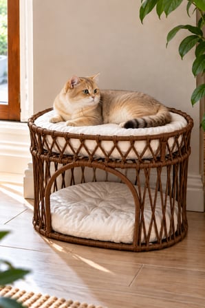 Reyo Tasaryum Çift Katlı Kedi Yatağı ve Kedi Ranzası, Minderli İskandinav Tasarım Kedi Evi, Örgü Gövdeli Kedi Yuvası – Kahverengi