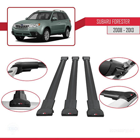 Subaru Forester 3 (SH) 2008-2013 Arası ile Uyumlu FLY Model Ara Atkı Tavan Barı Siyah 3 Adet