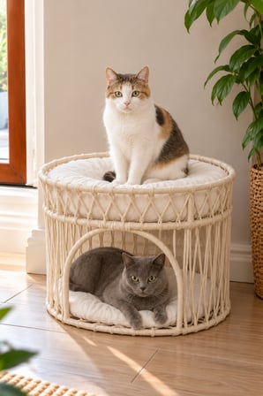 Reyo Tasaryum Çift Katlı Kedi Yatağı ve Kedi Ranzası, Minderli İskandinav Tasarım Kedi Evi, Örgü Gövdeli Kedi Yuvası – Bej