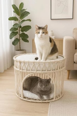 Reyo Tasaryum Çift Katlı Kedi Yatağı ve Kedi Ranzası, Minderli İskandinav Tasarım Kedi Evi, Örgü Gövdeli Kedi Yuvası – Bej