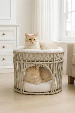 Reyo Tasaryum Çift Katlı Kedi Yatağı ve Kedi Ranzası, Minderli İskandinav Tasarım Kedi Evi, Örgü Gövdeli Kedi Yuvası – Gri
