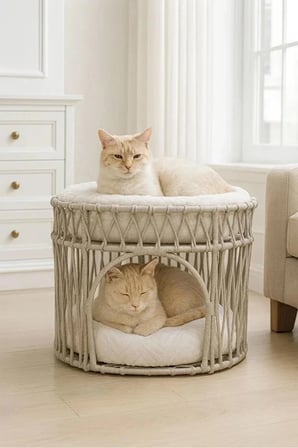 Reyo Tasaryum Çift Katlı Kedi Yatağı ve Kedi Ranzası, Minderli İskandinav Tasarım Kedi Evi, Örgü Gövdeli Kedi Yuvası – Gri