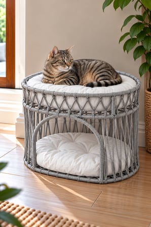 Reyo Tasaryum Çift Katlı Kedi Yatağı ve Kedi Ranzası, Minderli İskandinav Tasarım Kedi Evi, Örgü Gövdeli Kedi Yuvası – Gri