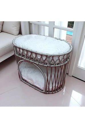 Reyo Tasaryum Çift Katlı Kedi Yatağı ve Kedi Ranzası, Minderli İskandinav Tasarım Kedi Evi, Örgü Gövdeli Kedi Yuvası – Gri