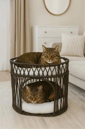 Reyo Tasaryum Çift Katlı Kedi Yatağı ve Kedi Ranzası, Minderli İskandinav Tasarım Kedi Evi, Örgü Gövdeli Kedi Yuvası Antrasit