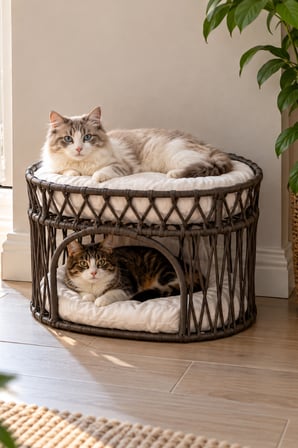 Reyo Tasaryum Çift Katlı Kedi Yatağı ve Kedi Ranzası, Minderli İskandinav Tasarım Kedi Evi, Örgü Gövdeli Kedi Yuvası Antrasit