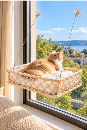 Reyo Tasaryum El İşçiliği Bohem Makrome Kedi ve Küçük Köpek Cam Hamak Yatağı Güçlü Vantuzlu, Minderli - Krem